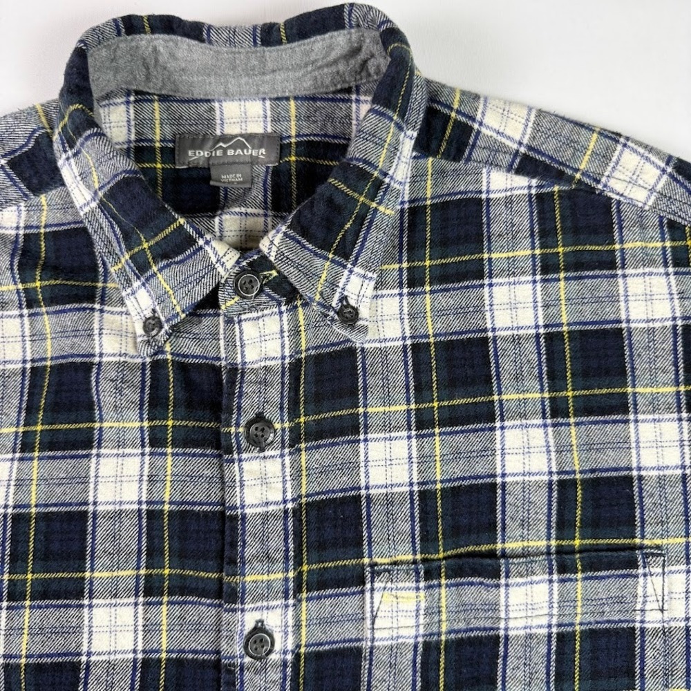 Eddie Bauer Flannel Button Down Shirt Plaid Blue White Yellow Mens Large L